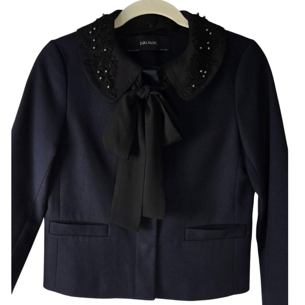 Zara Navy Blue Jacket with Black Embroidered Beads & Floral Collar Size Small